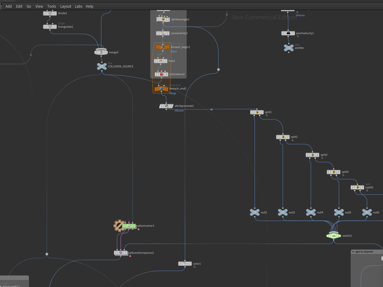 Houdini leaf FX network showing collision inputs, Vellum simulation and leaf variants