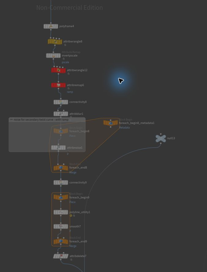 Houdini network for liana intertwining and taper controls