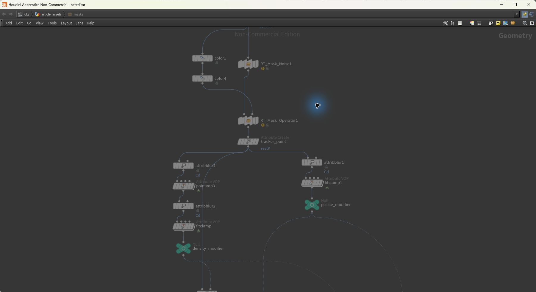 Houdini workflow: Separate mask branches control density and scale.