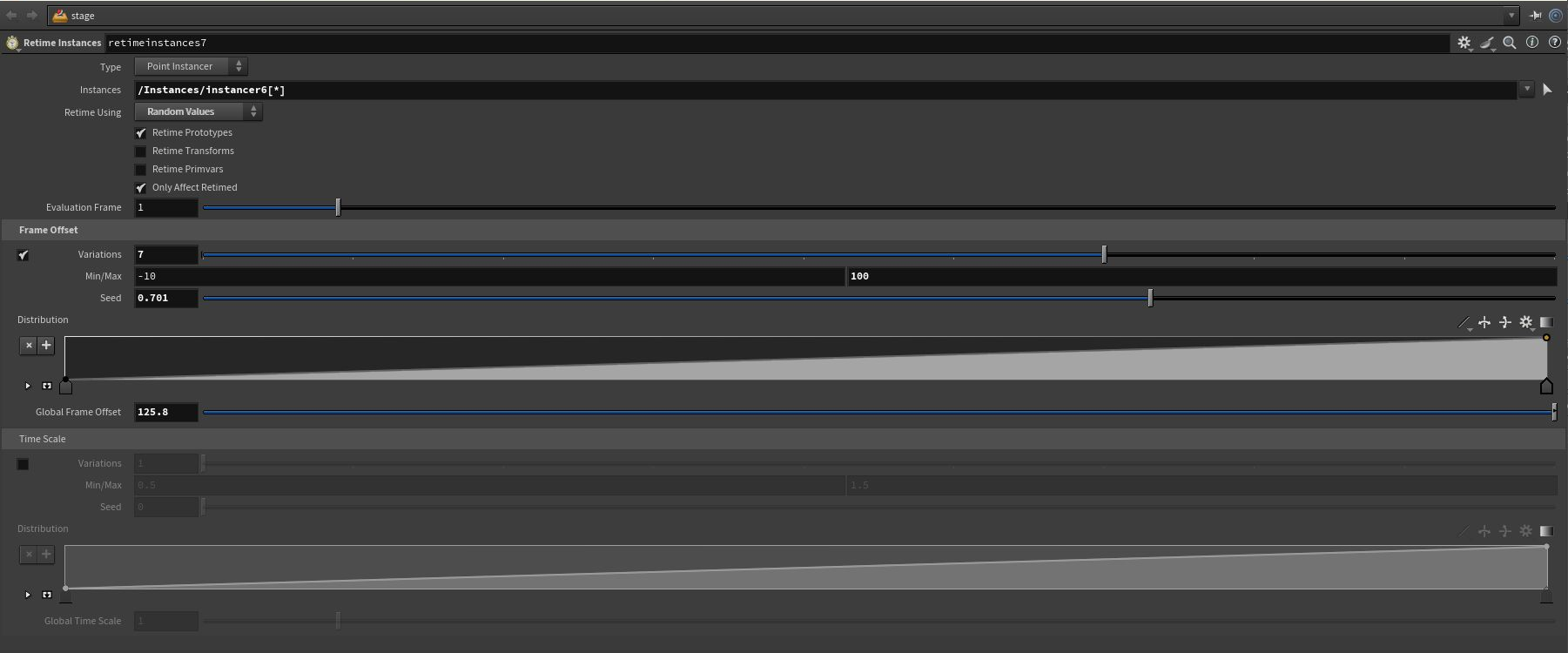Houdini workflow: Random offsets vary the timing of shared tree animation.
