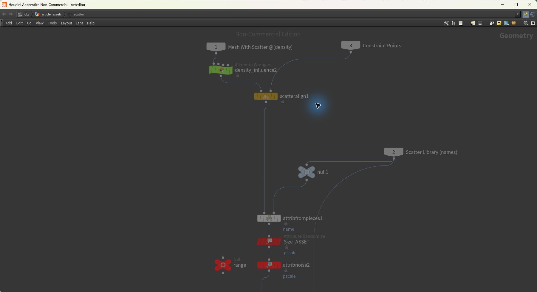 Houdini workflow: Density, asset selection and scale in one reusable setup.