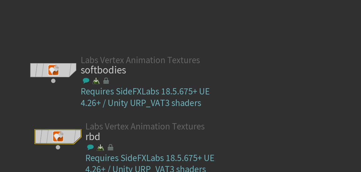 Houdini workflow: Separate SideFX Labs VAT exporters for cloth and rigid bodies.